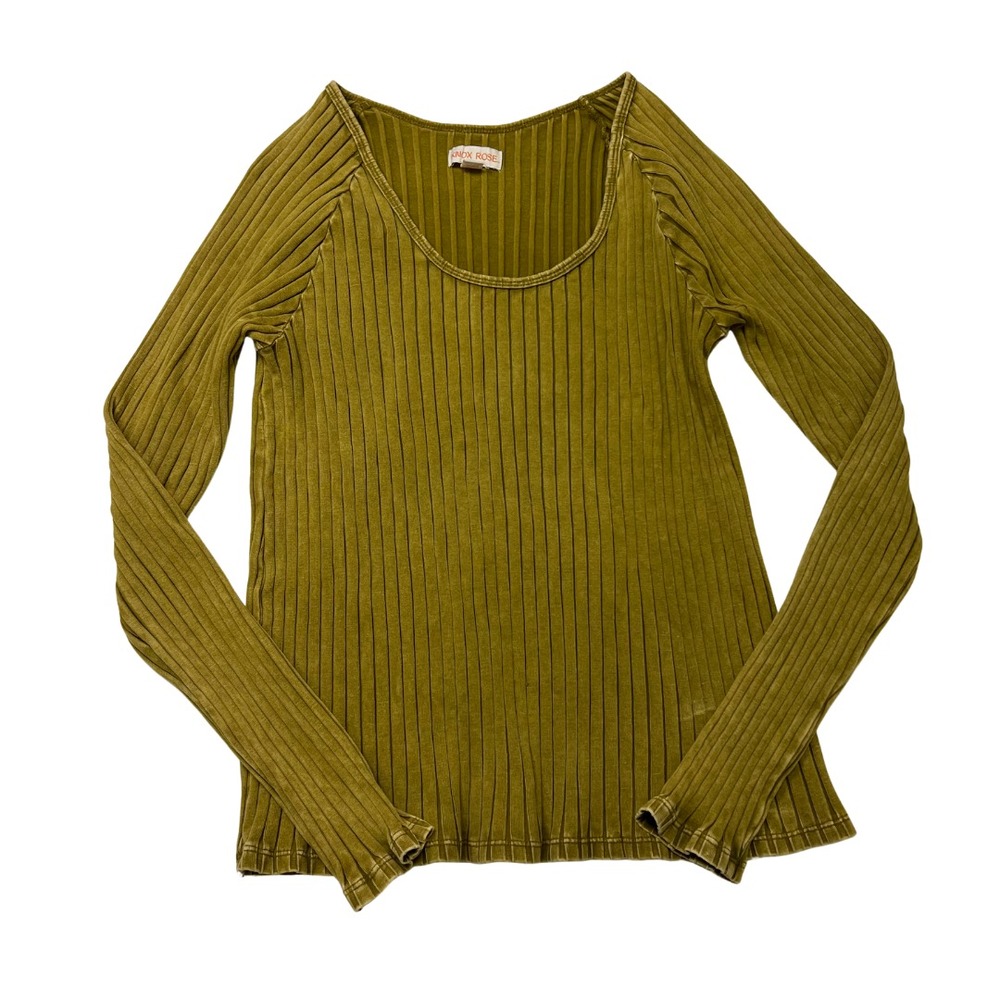 Knox Rose Olive Green‎ Ribbed Long Sleeve Top Size L Stretch Scoop Neck